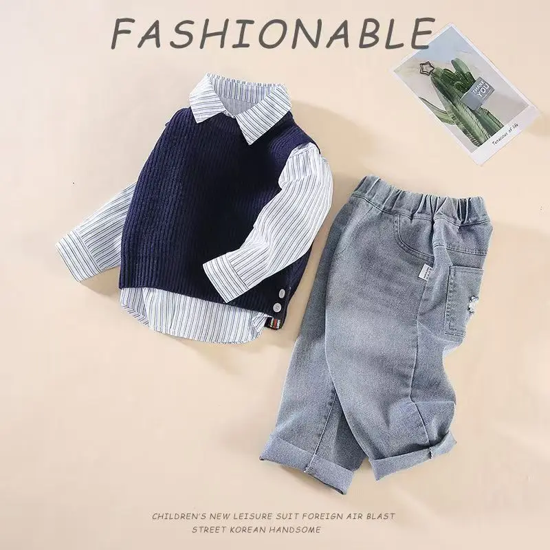 

Children's Clothing Boys' Spring And Autumn Sets Knitted Sweater Sets Versatile Sweaters Shirts Jeans Three Piece Sets