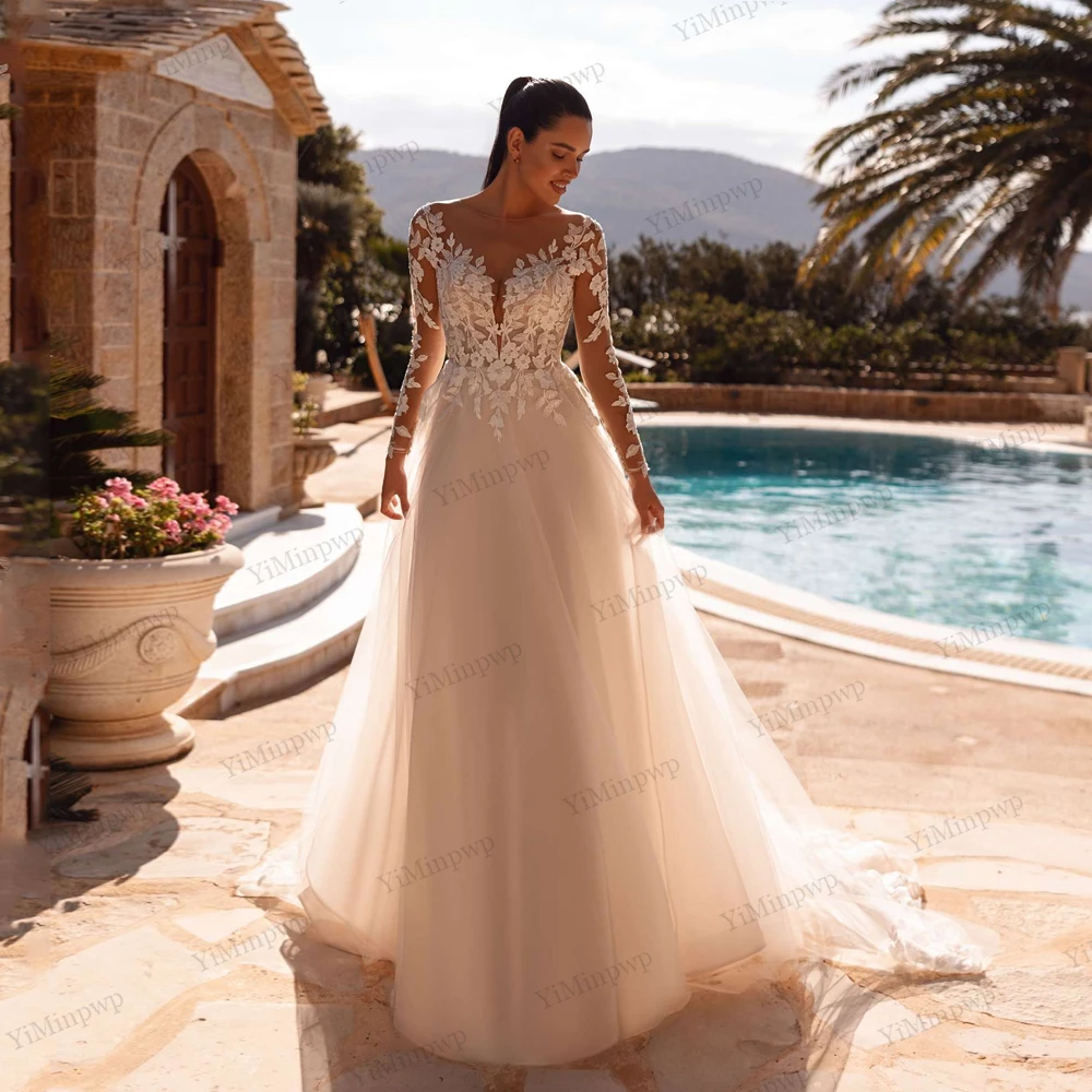 Customized Elegant Wedding Dresses Bridal Full Sleeve Backless Applique Beach Bride Gowns Women vestidos de novia personalizados