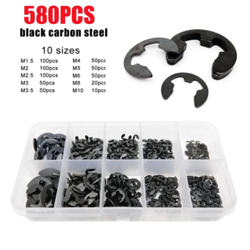 580/1000pcs Black Carbon Steel Circlip Kit M1.2 to M15 E-Clip Snap Ring Assortment for Shaft Axle Fastening