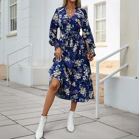 Elegant and Fashionable Autumn Floral Women's Slit Long Skirt New Style Fogn Trade Loose V-neck Long-sleeved Dress