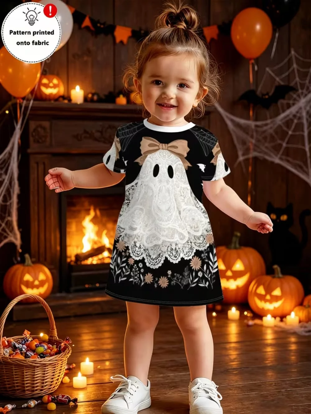 Dress for Girls Halloween Cartoon Pumpkin Printed Short Sleeve Dress Summer Loose Casual Dress Round Neck Hot Sale Girl Clothes