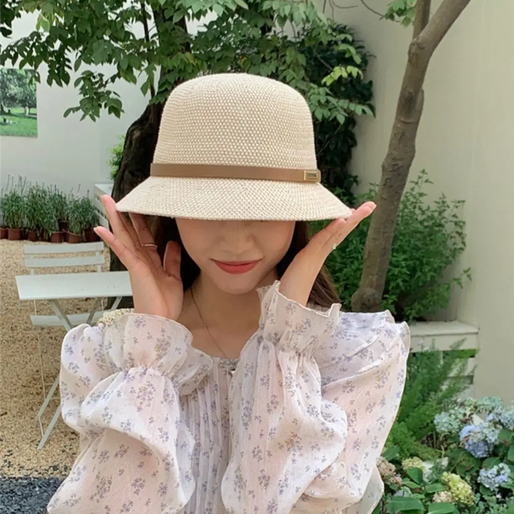 

Korean PU Leather Belt Women Sunscreen Hats Sun Protection Elegant Summer Bucket Hats Sweet Breathable Outdoor Straw Hats Beach