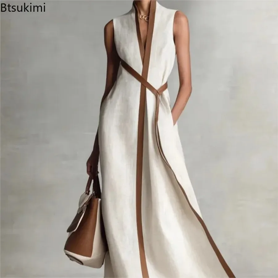 New Summer Contrast Color Sleeveless Dress Lace Up Simple Loose Fashionable Women's Stand Collar Cotton Linen Elegant Long Dress