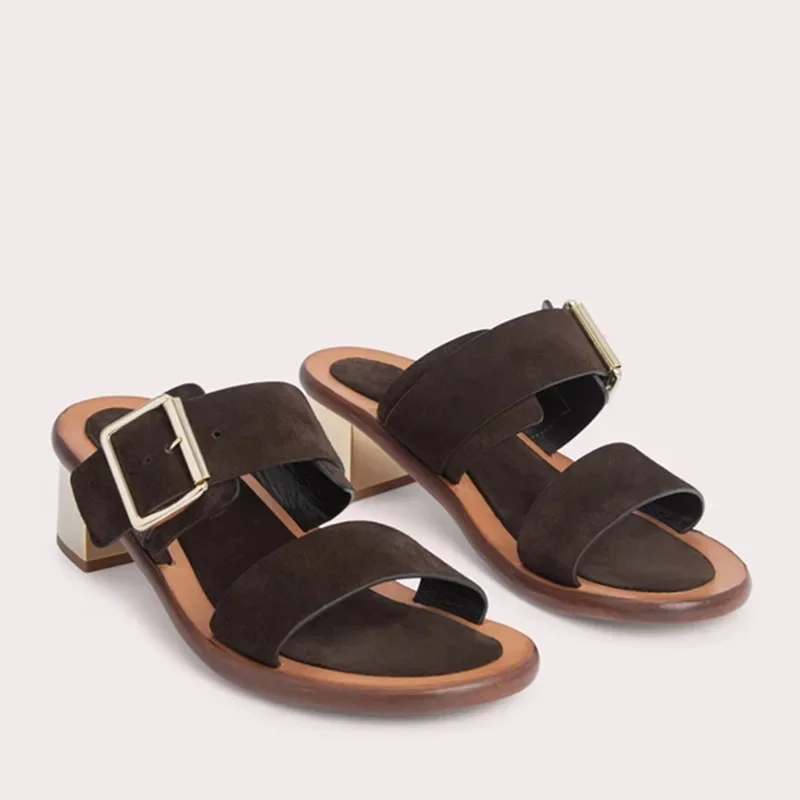 

Color Matching Metal Heel Buckle Slippers Fashionable Wear Outside Women Shoes Open-Toe Medium Thick-Heeled Large-Size Sandals