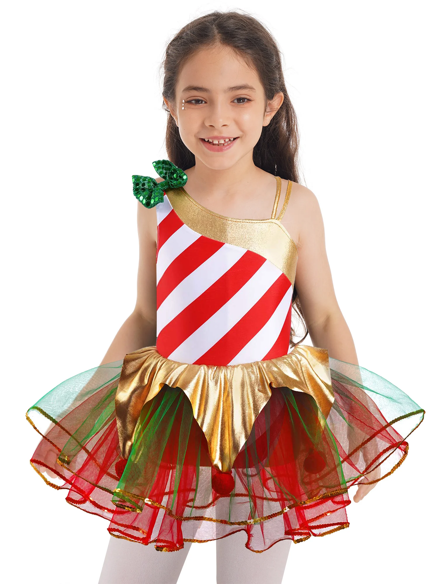 Kids Little Girls Elf Christmas Dress Sequin Stripes Carnival Festival Santa Cosplay Costume Ballet Leotard Tutu Dress Dancewear