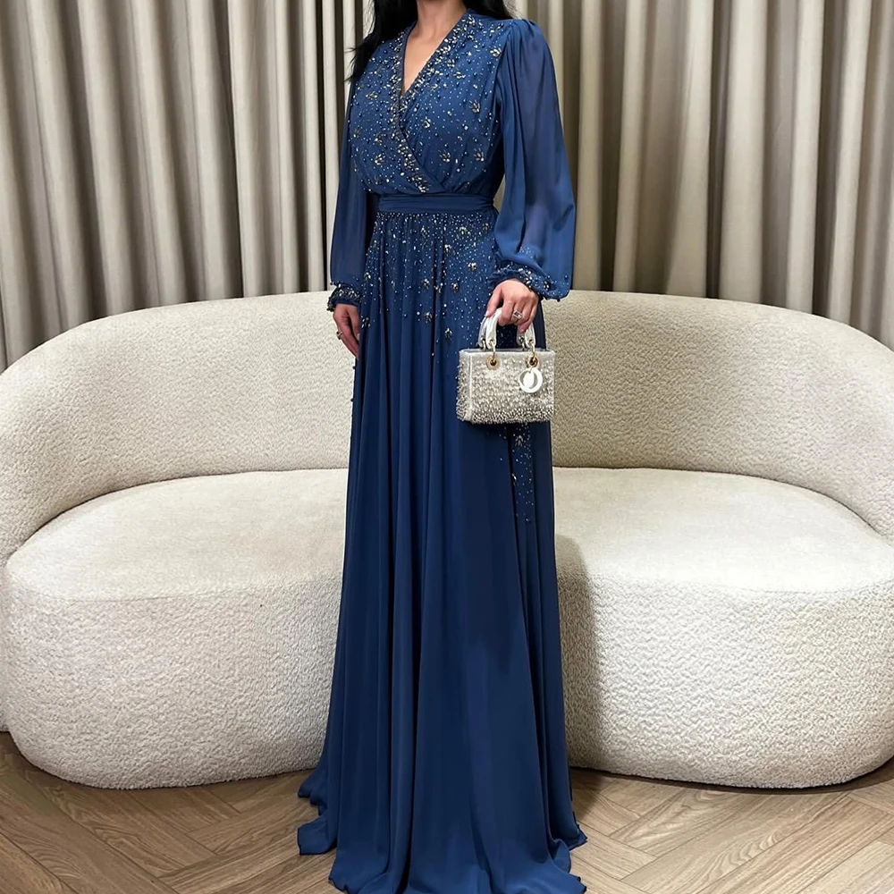 

A-line Women's Evening Dresses Floor-length V-neck Full Sleeve Prom Gown Fashion Crystal Beading Simple Draped Customized Gowns