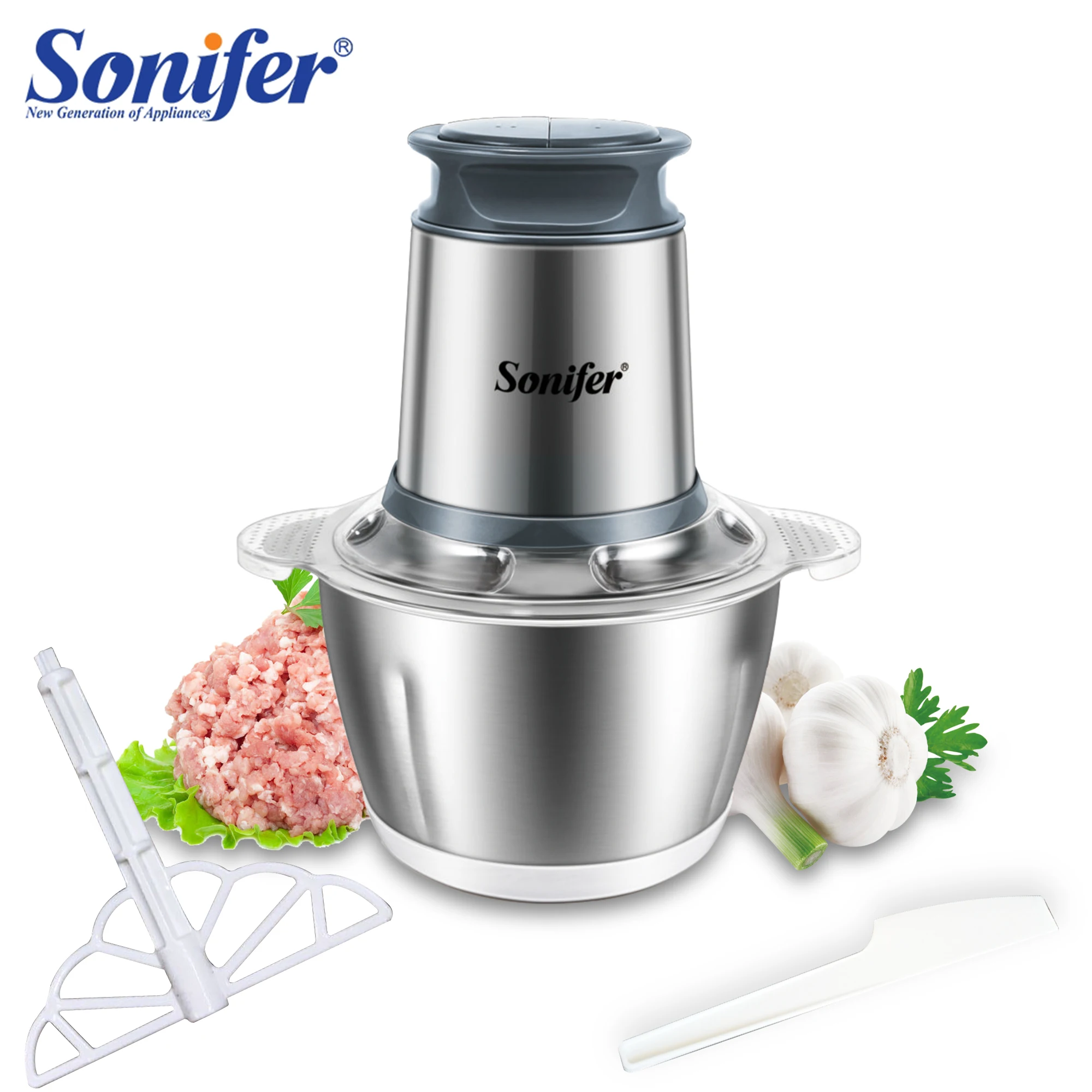 Электрическая мясорубка Sonifer, 2-скоростная кухонная комбайн из нержавеющей стали с нарезкой для яиц, лука, картофеля