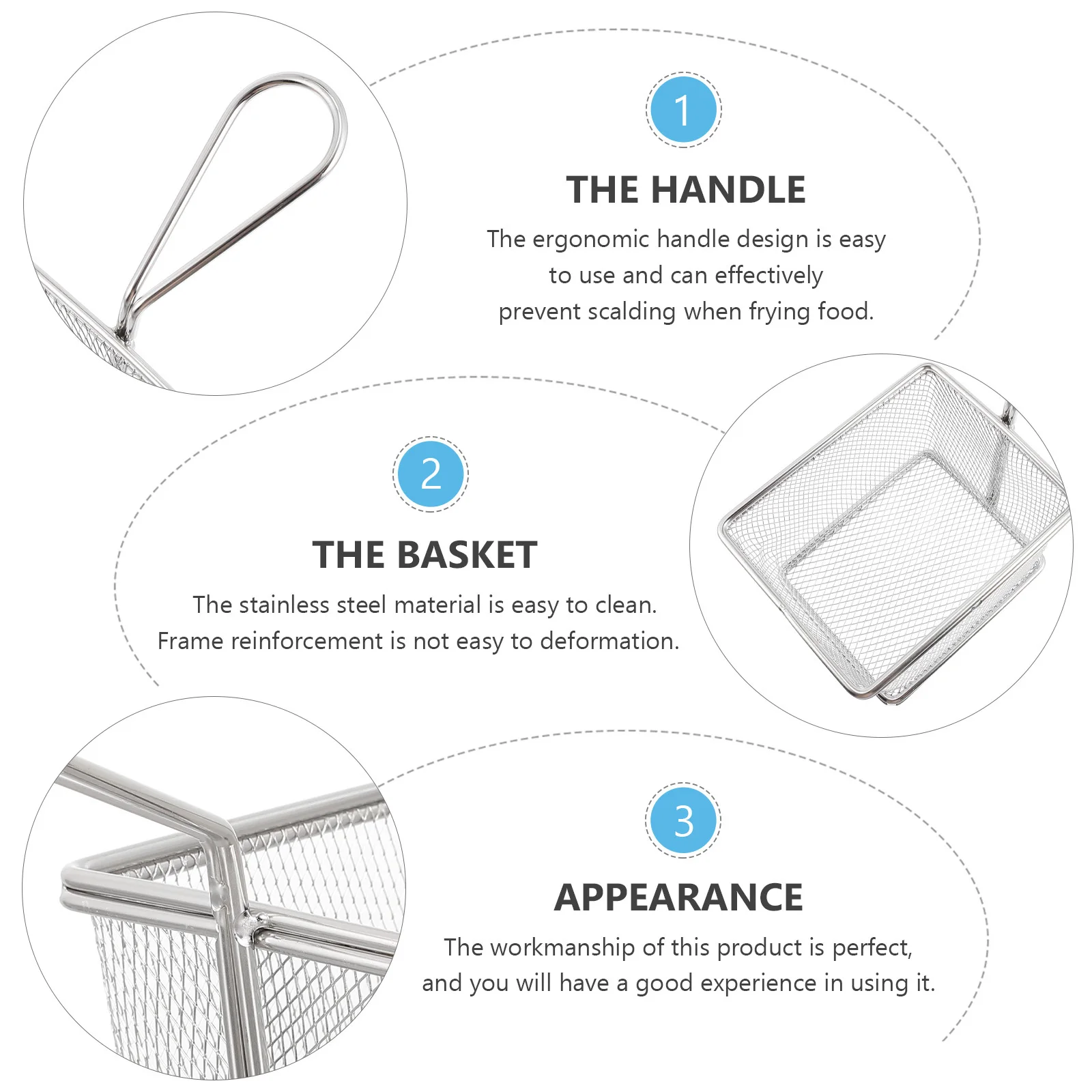 

Silver Stainless Steel Kitchen Frying Basket Ergonomic Heat Resistant Handle for French Fries Fried Snacks Oil Drain Fryer