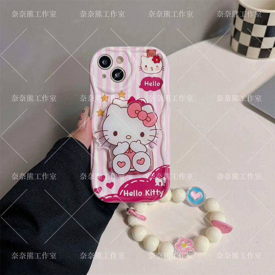 Hello Kitty 3D Wave Bracket Bracelet Phone Case for OPPO Reno 11 F 8 T 7 Z 6 5 4 Pro F23 F11 F9 4G 5G Soft Silicone Back Cover