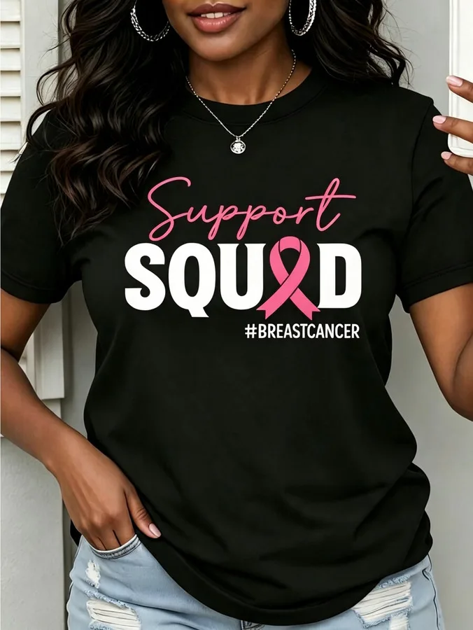 Support Squad Pink Ribbon Breast Cancer Awareness Month T Shirt Women Charity Walk Team Graphic Tees White Crew Neck Short Sleeve Top