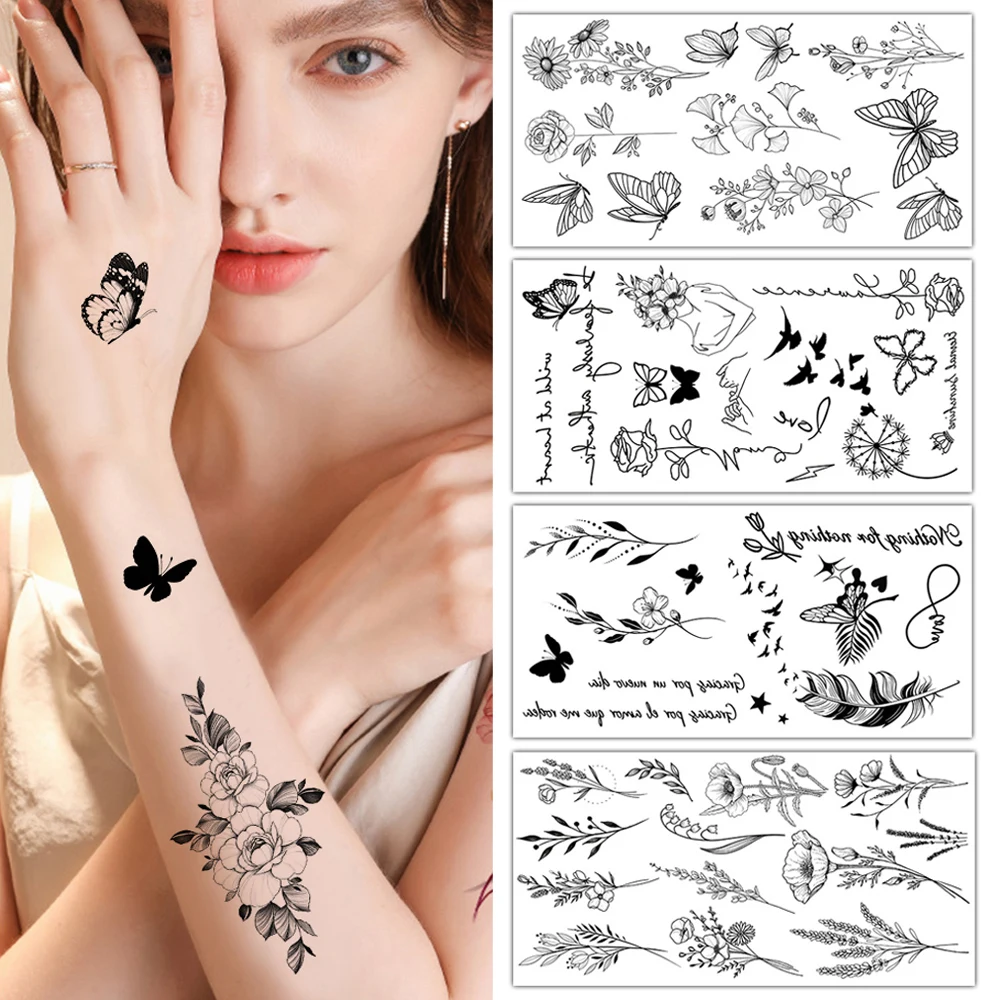 Black Flower Butterfly Temporary Tattoos For Women Wild Plant Fake Tattoo Sticker DIY Face Hands Body Art Waterproof Tattoo