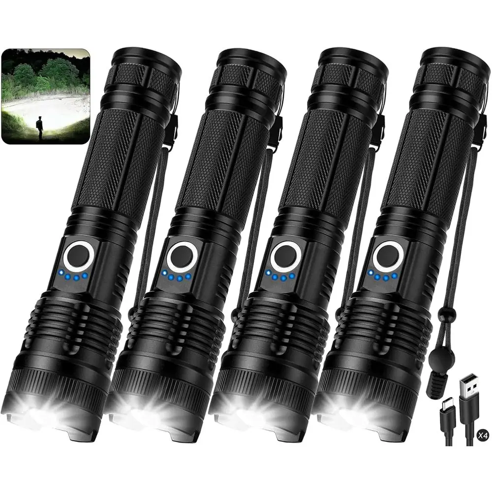 

4-Pack Rechargeable LED Flashlight 990,000 Lumens, 5 Modes, Waterproof, Portable for Camping, Hiking, and Home Use (Black)
