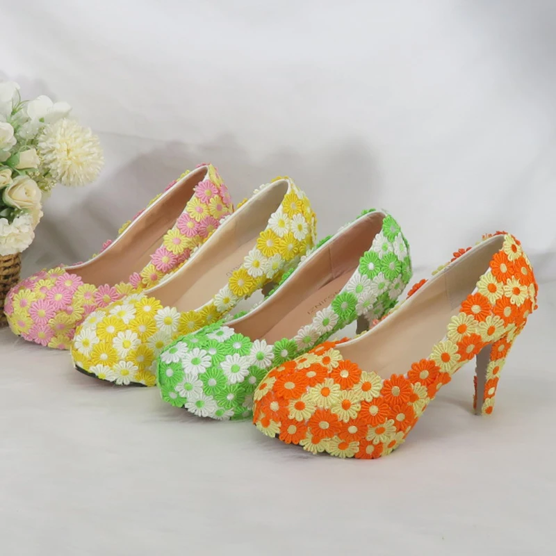 BaoYaFang Multi Flower Pumps New arrival Women wedding shoes Bride High heels platform shoes for woman ladies party dress shoes