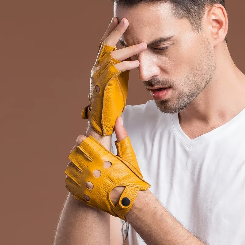 

Men's Genuine Sheepskin Real Leather Gloves Short Thin Unlined Breathable Semi-Finger Driving Gloves 8853