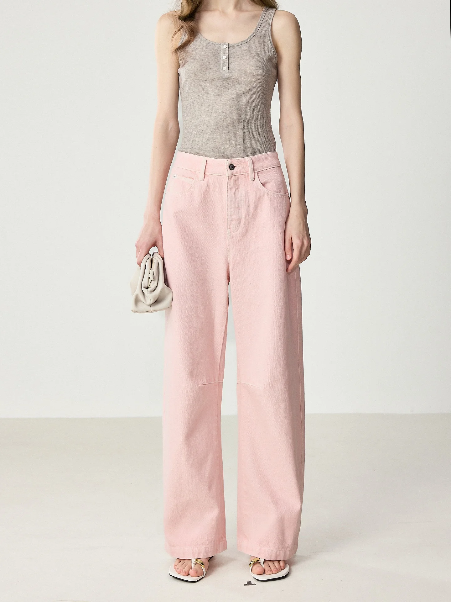 

High Waist Cotton 3D Tailored Slimming Early Spring Pink Wide Leg Pants Comfortable Breathable Women's Jeans FreMoi