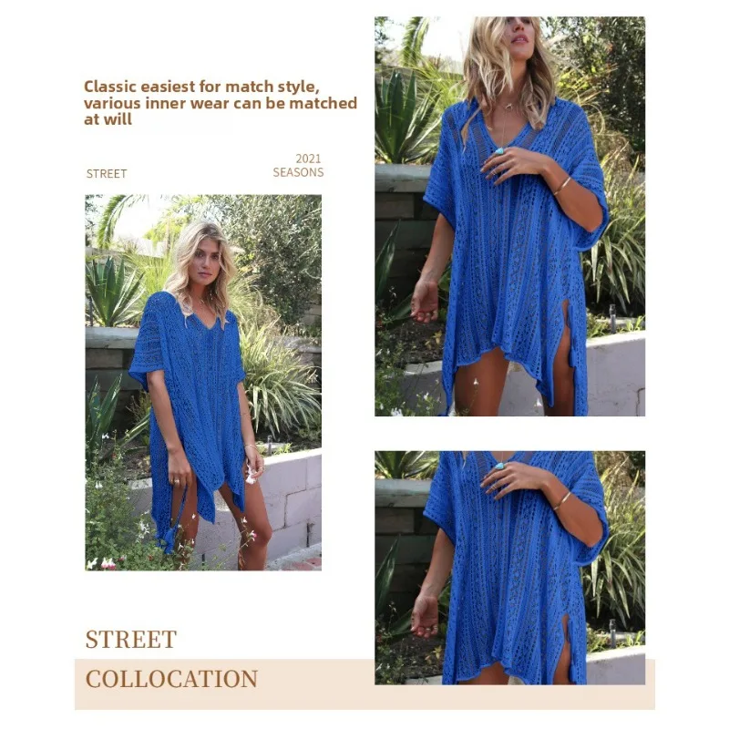 Women Bikini Cover Up Solid Hollow-Out Knitting Crochet Kaftan Ladies Summer Dress Bathing Suit Beachwear Swimsuit Beachwear