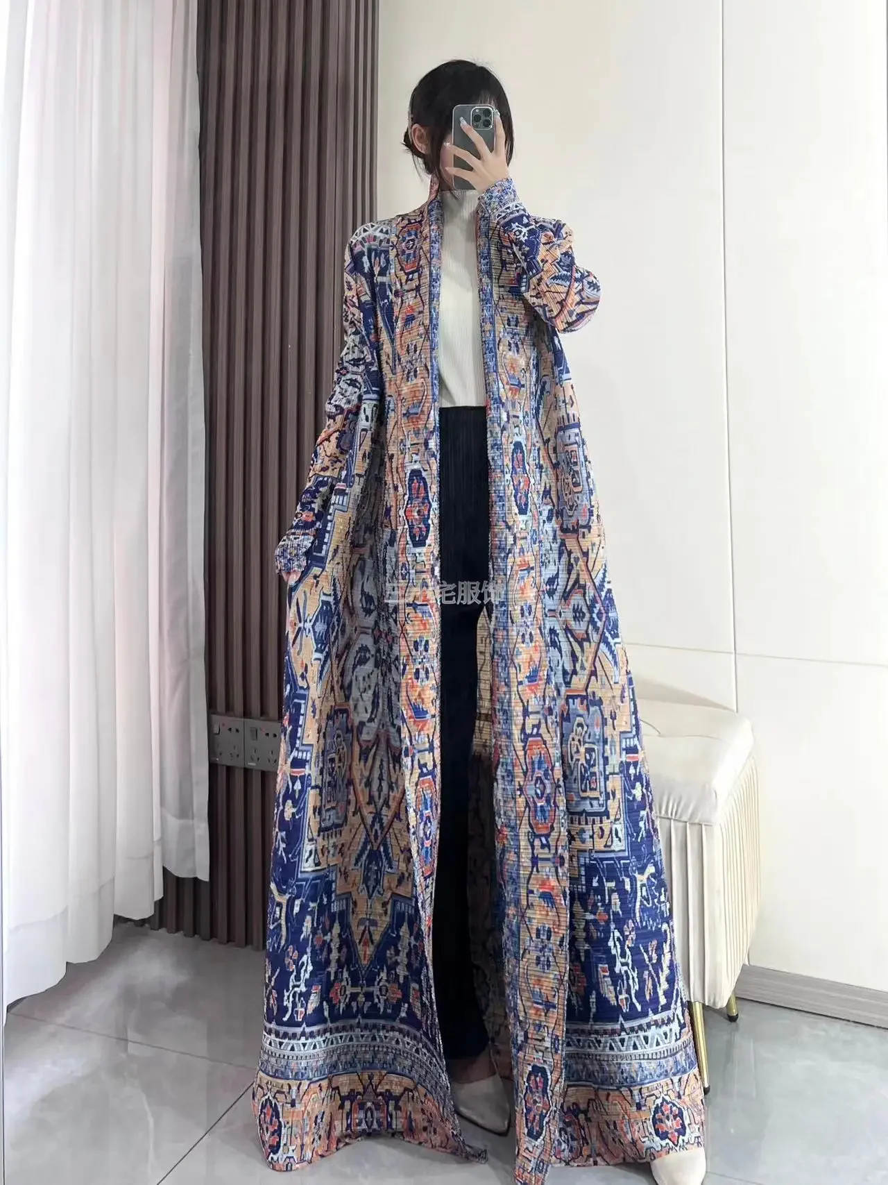 

ALSEY Miyake Pleated Women's Trench Coat Loose Plus Size Nine Sleeves Middle Eastern Style Embroidered Robe New for Summer 2024