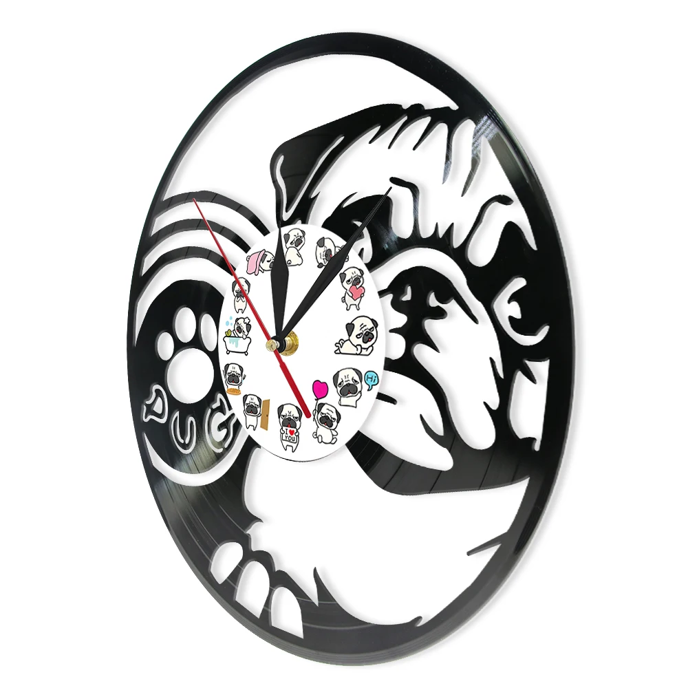 Pug Dog Design Carved Music Album Retro Wall Clock for Pet Shop Puppy Dog Breed Home Decor Vinyl Record Wall Clock for Dog Owner