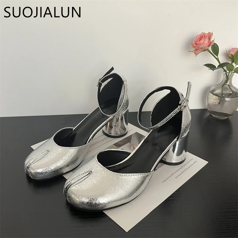 SUOJIALUN 2023 Summer New Women Women Sandal Fashion Split Toe Shallow Ladies Slingback Shoes Round Med Heel Dress Pumps Shoes