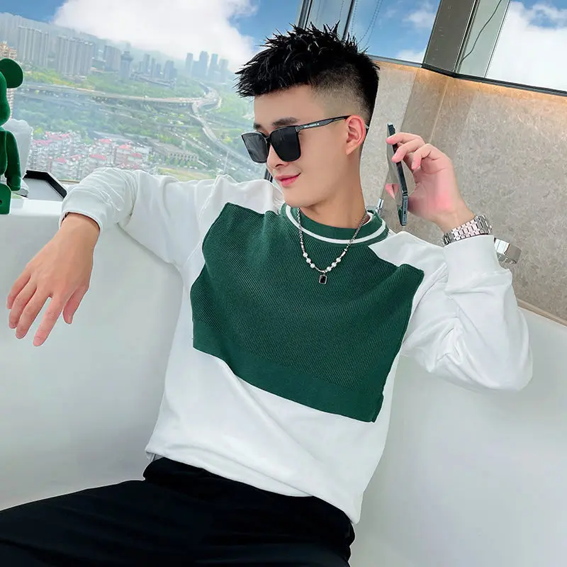 Spring Autumn New Fashion Round Neck Long Sleeve Pullovers Men\'s Clothing Patchwork Color Blocking Trend Korean All-match Tops