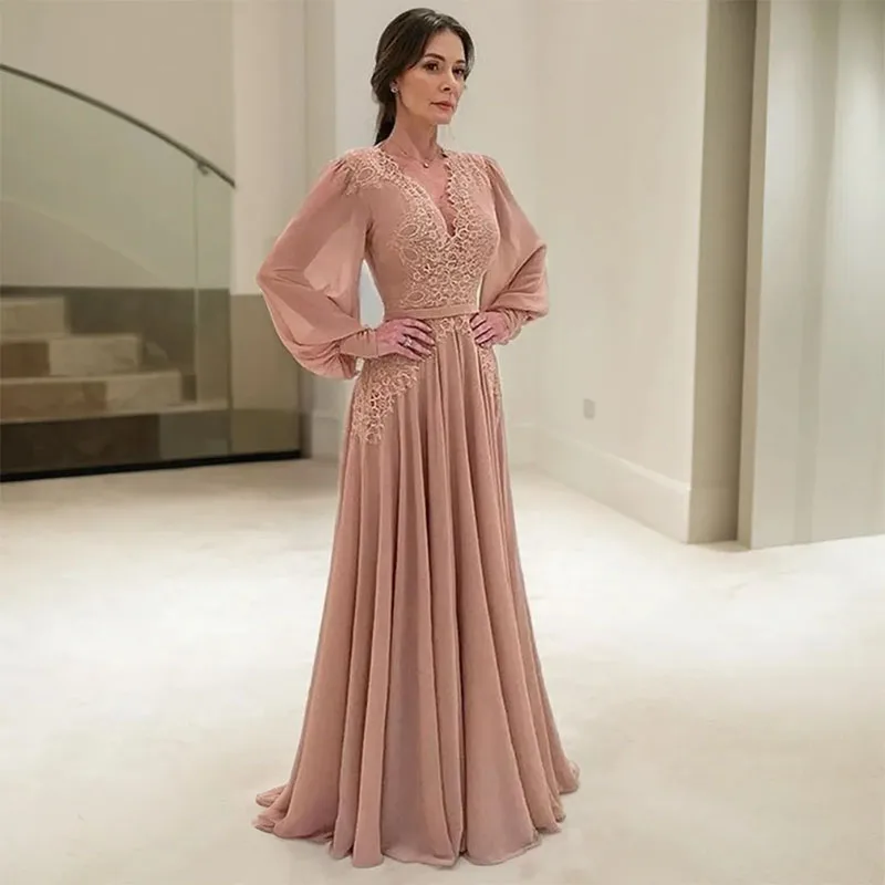 

Elegant Mother of the Bride Dress V-Neck Long Sleeves Chiffon Mother's Dress Lace Appliqued Wedding Guest Dresses