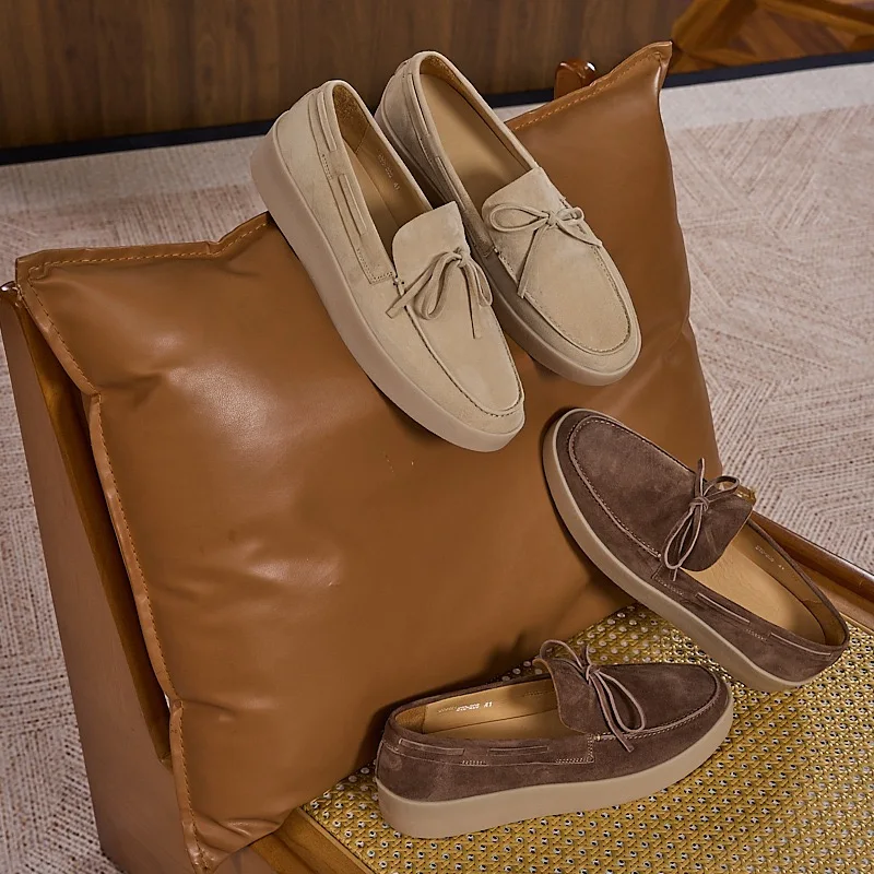 Apricot Cow Suede Low-top Casual Loafers Soft Sole Genuine Leather Dress Shoes Slip On Classic Shoes for Men's Spring Autumn