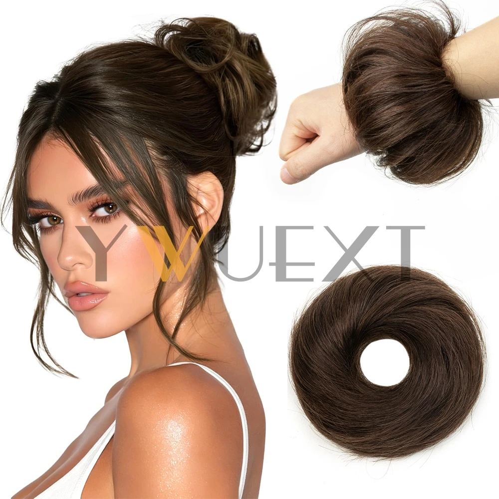 YWUEXT Human Hair Buns Chignon Updo Donut Wrap Ponytail Hair Extensions Remy Hairpiece Natural Human Hair Black Brown Blonde