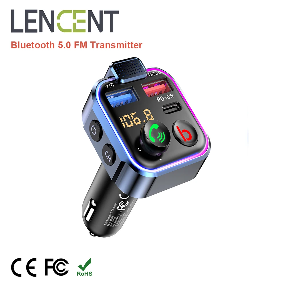 LENCENT FM Transmitter Wireless Bluetooth 5.0 Handsfree Car Kit Audio MP3 Player With Type-C PD 20W+ QC3.0 Fast USB FM Modulator