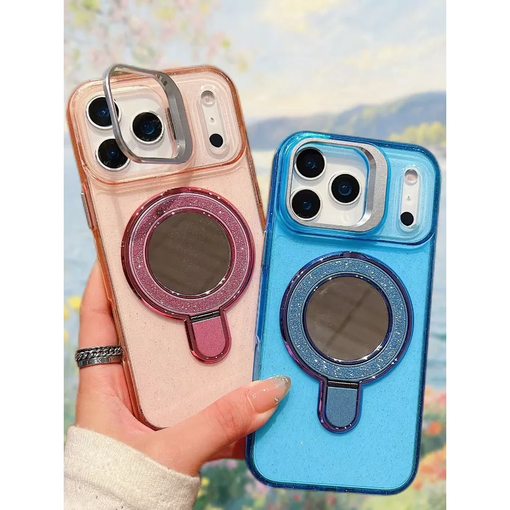 حافظة هاتف Magsafe مغناطيسية جديدة فاخرة "لامعة شفافة مع حامل لهاتف IPhone11 12 13 14 15 16 17 Pro Max