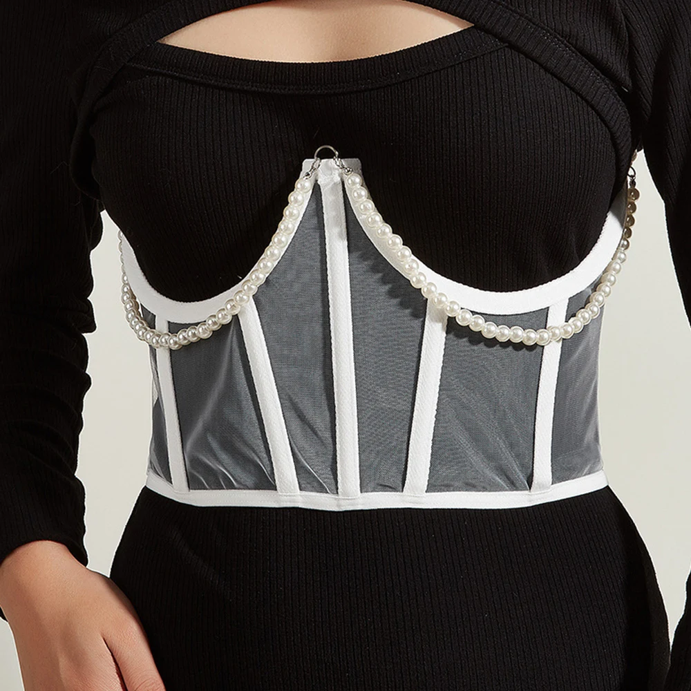 Pearl Lace Corset Belt Underbust Slimming Shaper Wide Belts Black White Bustier Corset for Women Vintage Costumes Women