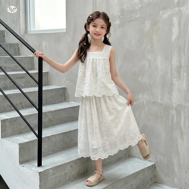 2026 Girls Solid Strapless Dress Summer 2026 New Middle Big Kids Girl Vest Two Piece Set