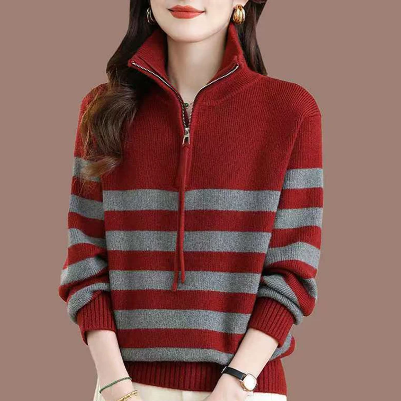 

Women's Long-Sleeved Pullover, Striped Sweater, Zipper, Semi-High Neck, Autumn And Winter Fashionable Knitted Sweater-818