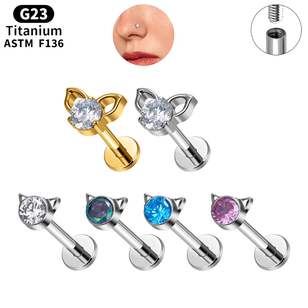 G23 ASTM F136 Titanium Piercing Cubic Zircon Cat face Nose Stud Labret Ear Tragus Helix Cartilage Lobe Women Body Jewelry