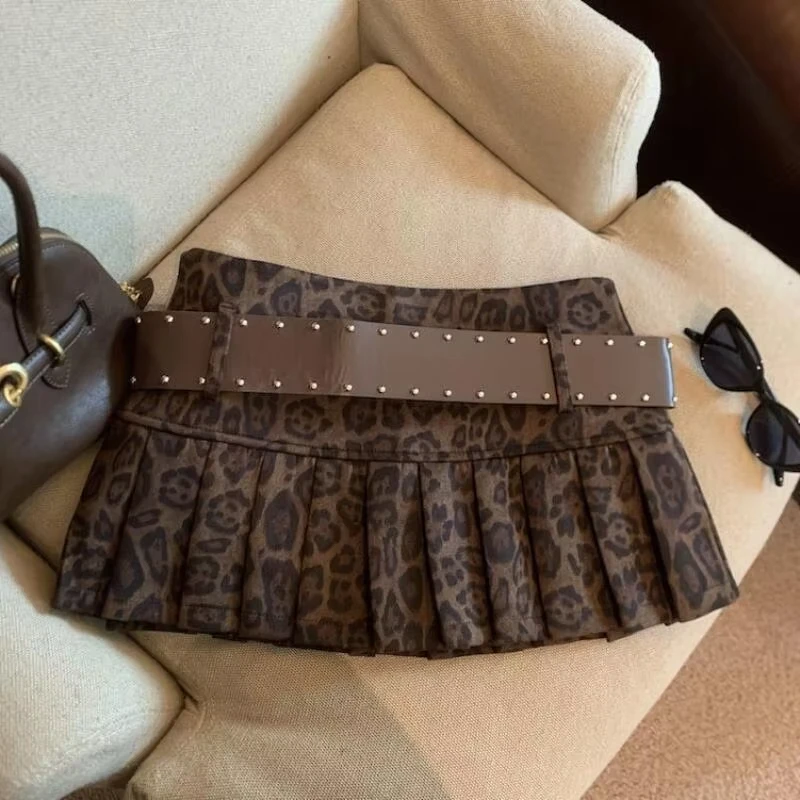 Falda Corta Estilo Y2K para Mujer, Estampado de Leopardo, Cintura Alta, Corte en A, Plisada, Estilo Retro Americano, Mini Falda Sexy para Chicas, Ropa Urbana