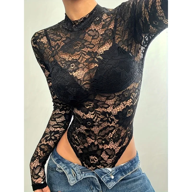 Women Sheer Floral Lace Bodysuit Long Sleeve See Through Slim Fit Stretchy Mesh Jumpsuit Sexy Y2K Layering Top Daily Outfit
