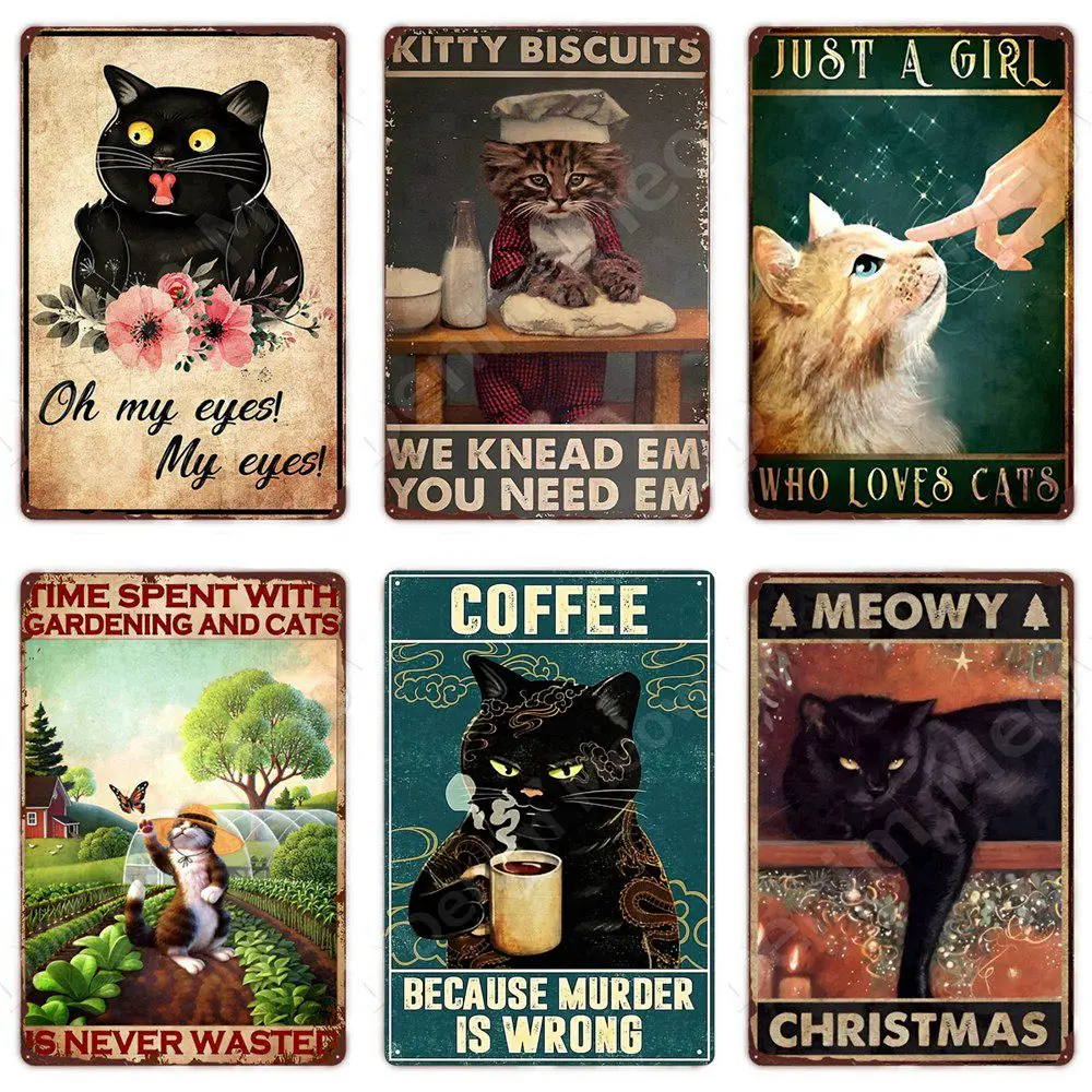 Funny Bathroom Decor Black Cat Vintage Metal Sign Bar Cafe Wall Art Decor Oh My Eyes Toilet Tin Sign Sewing Cat Iron Painting