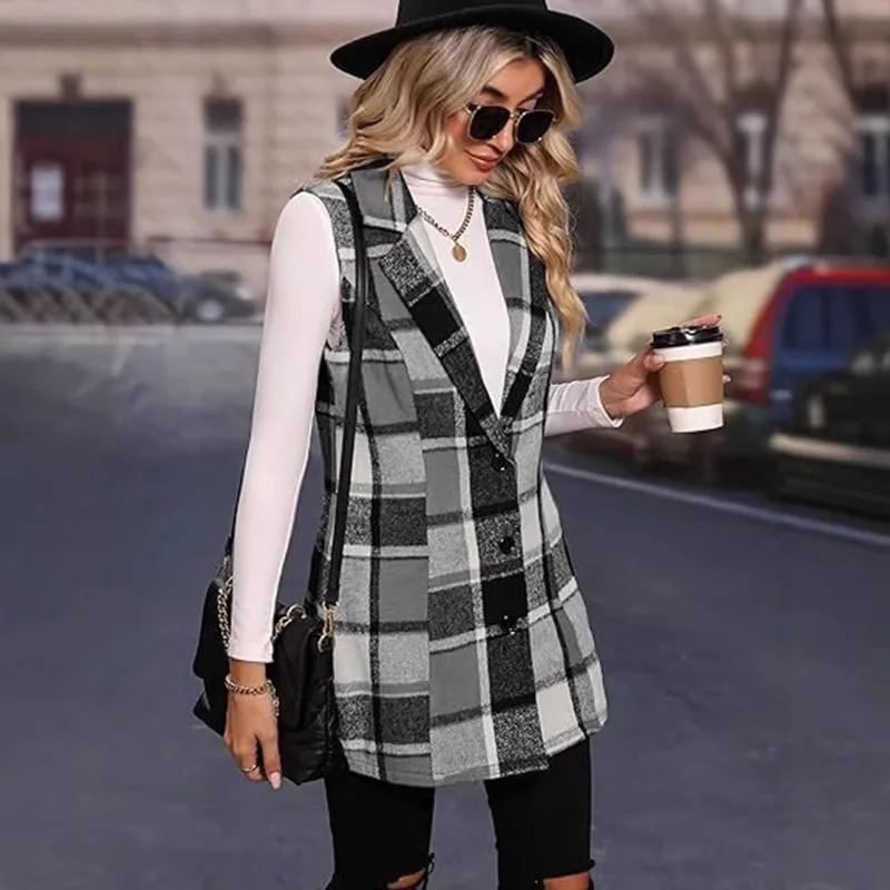 2025年春 エレガントスタイル 多用途 ノースリーブ シングルブレスト レディース チェック柄ベスト