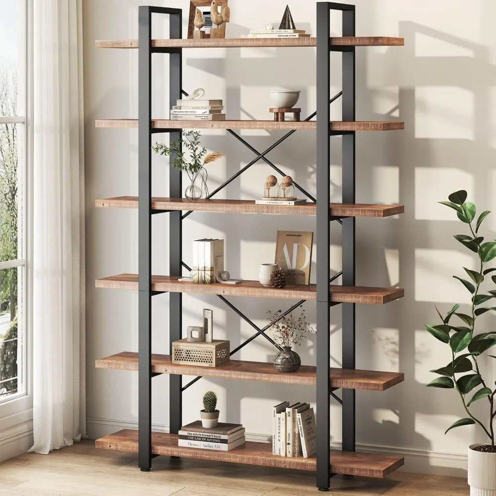 

Six Tier Solid Wood Bookshelf Industrial Rustic Tall Open Storage Shelf Brown