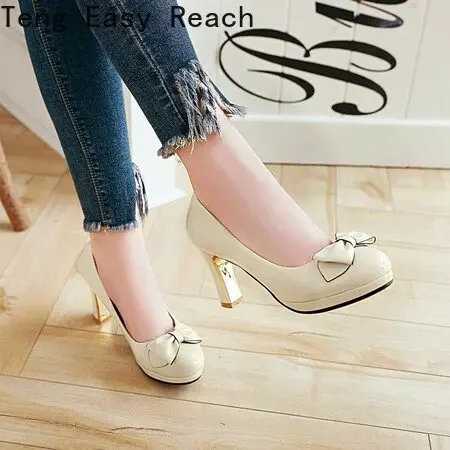 2024 Spring Bowtie Cute Pumps Mary Jane Round Toe PU Buckle Strap Sweet 8cm Block Heels Big Size 43