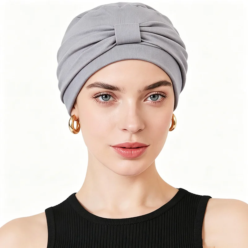 New European and American Solid Color Knotted Turban Hat, Pleated Flat Top Head Wrap, Soft Hair Care Sleep Cap, Muslim Inner Cap