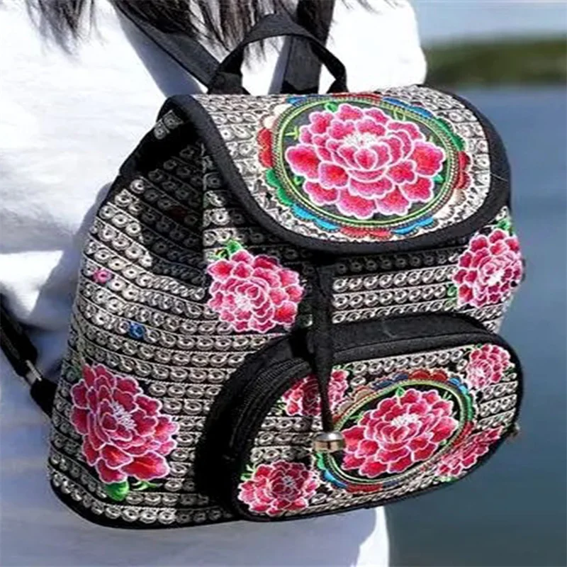 China Yunnan Ethnic Embroidery Backpack Retro Floral Embroidered Ladies Rucksack Embroidered Backpack Handbag School Bag