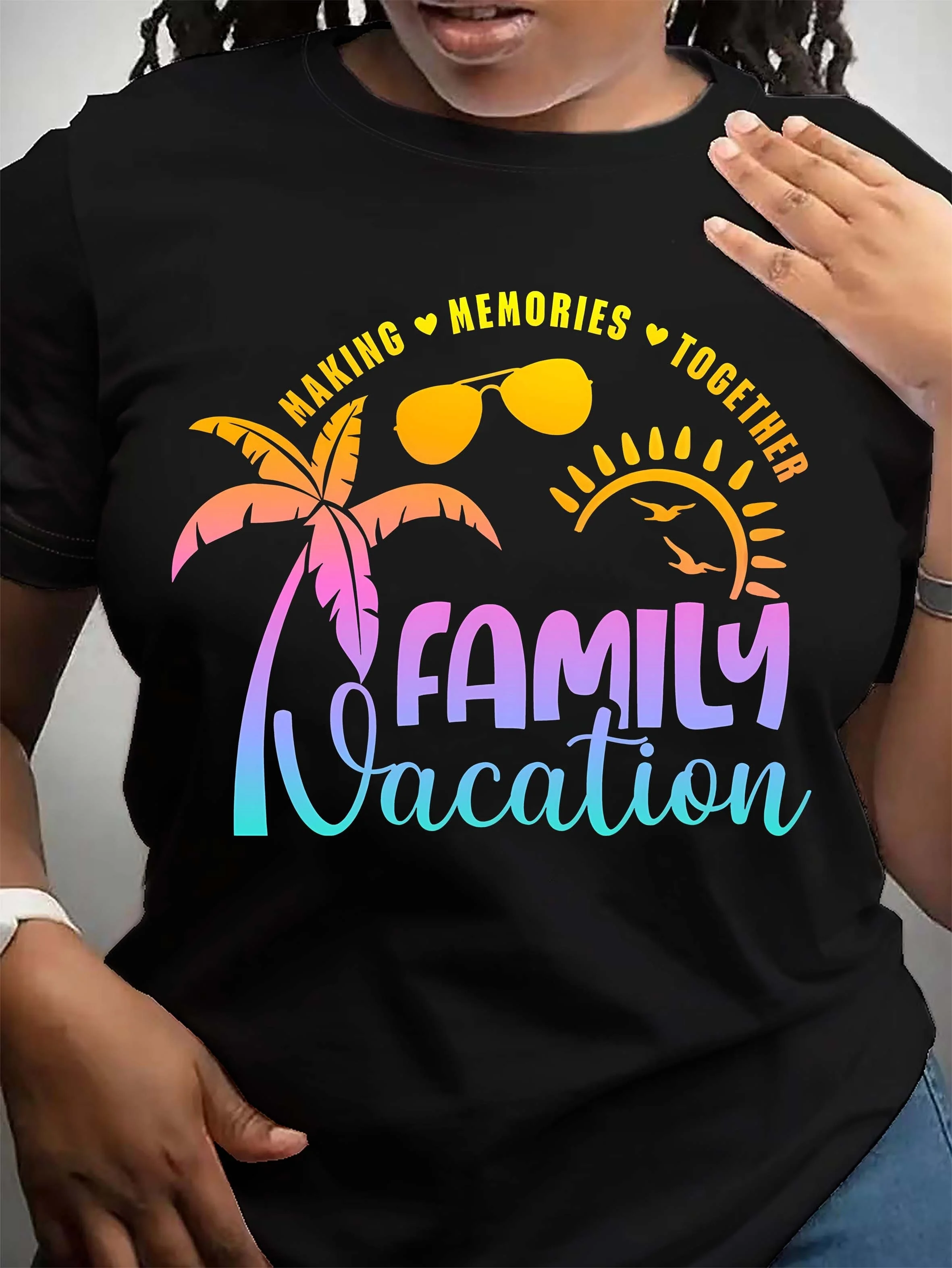 Family Vacation Print Crew Neck T-shirt, Casual Short Sleeve Summer Daily Top, Women\'s Clothing