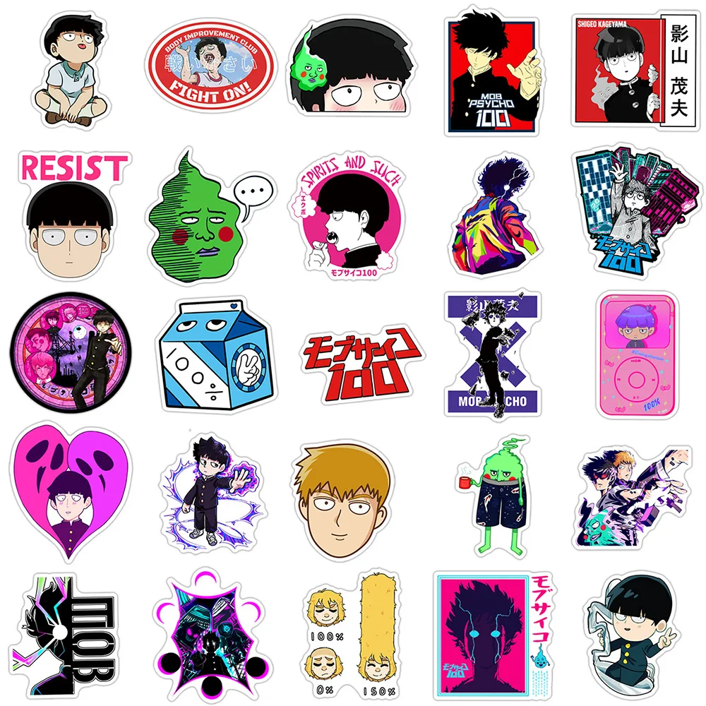 10/30/50 قطعة الغوغاء النفسي 100 أنيمي ملصقات أنيمي Mobu Saiko Hyaku الشارات مقاوم للماء Skateboard بها بنفسك لوح التزلج المحمول طفل الكرتون ملصق لعبة