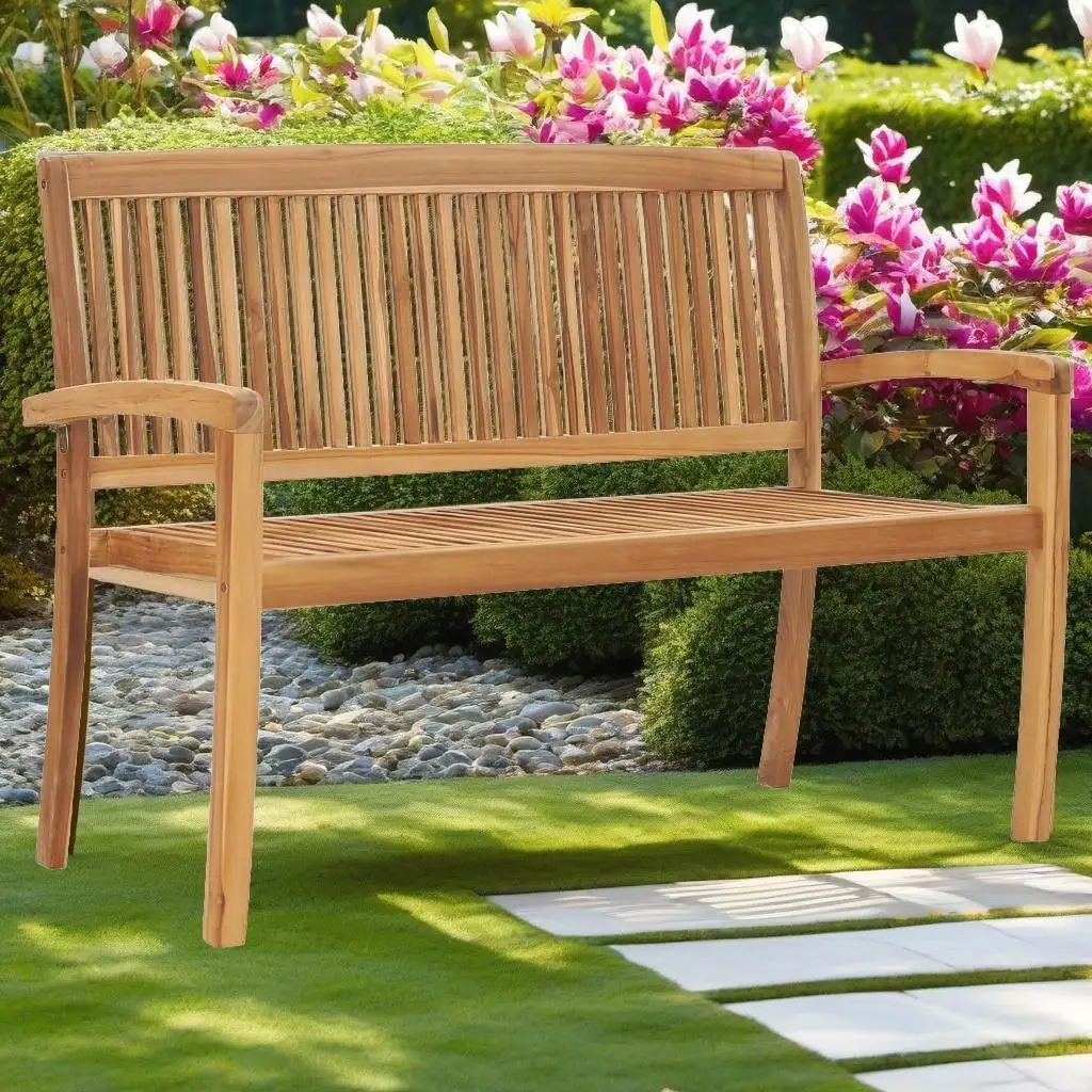 50.6 Solid Teak Wood Stacking Patio Bench with Cushion - Outdoor Furniture