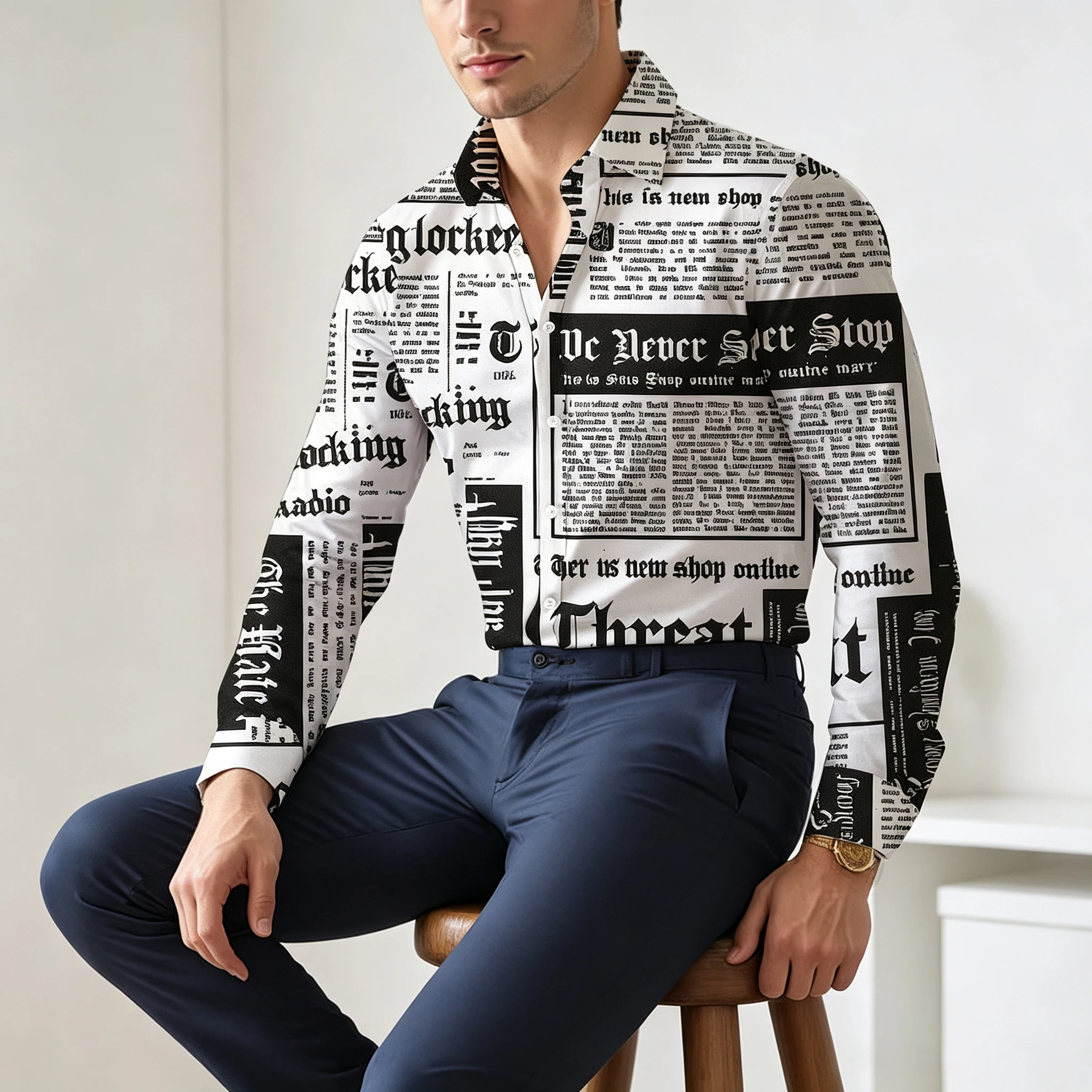 Gothic Font Newspaper Print Men's Long Sleeve Shirt - Commute, Date, and Versatile Trendy Top