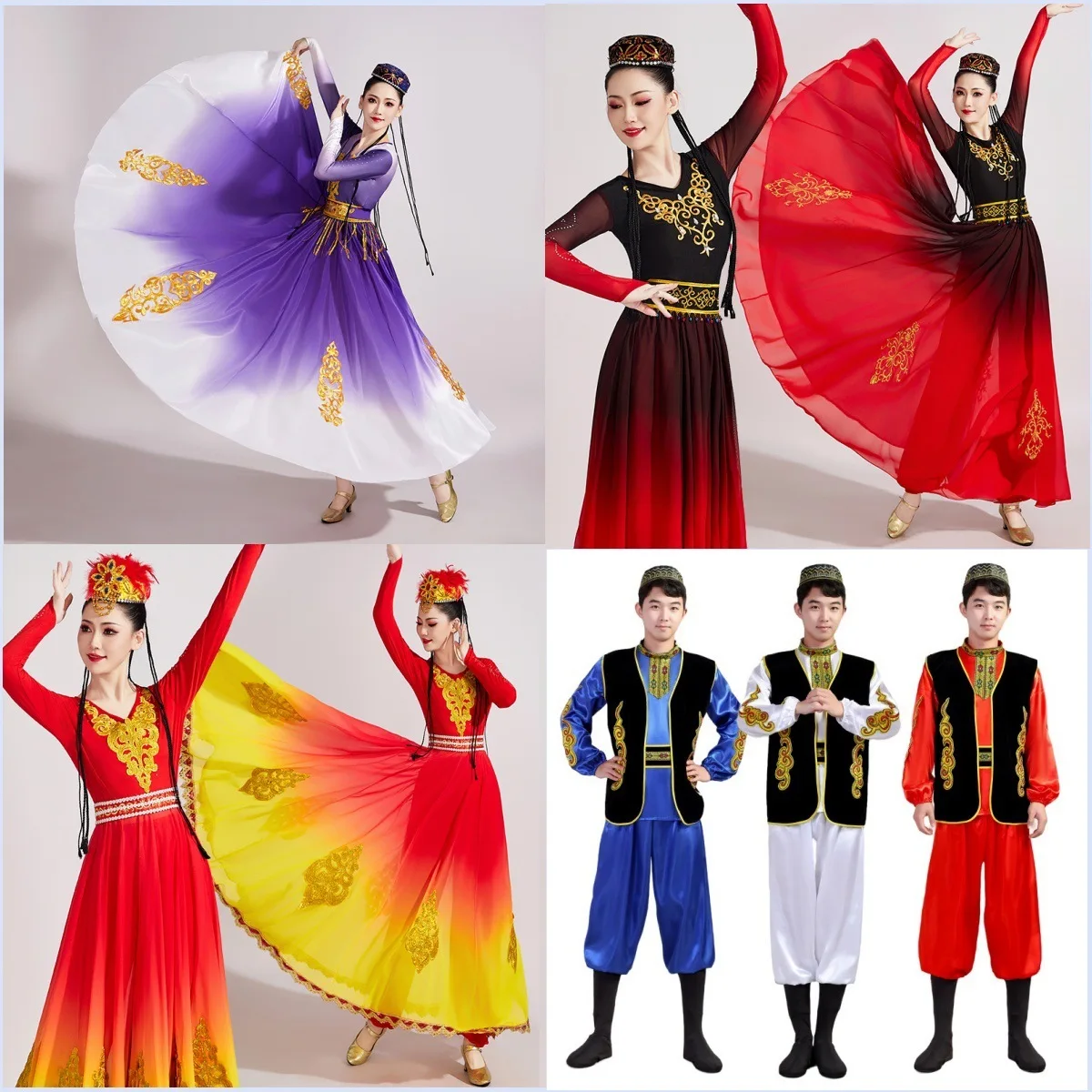 

Men and Women Adult Xinjiang Dance Costume Performance Outfit Ethnic Long Skirt Performance Costume Hui Ethnic Uyghur Ethnic