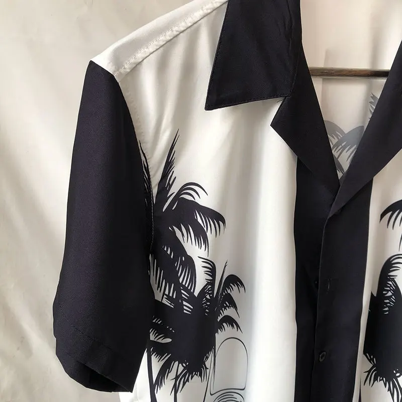 Black White Contrasting Coconut Palm Graphic Print Hawaii Short Sleeve Shirt Men Lapel  Man Shirt Homme Camisetas Hombre