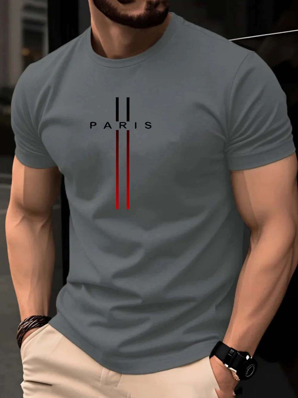 Camiseta Masculina Casual De Verão, Estilo Solto, Impressão Criativa De Letras Em Paris, Ajuste Slim, Gola Redonda, Manga Curta