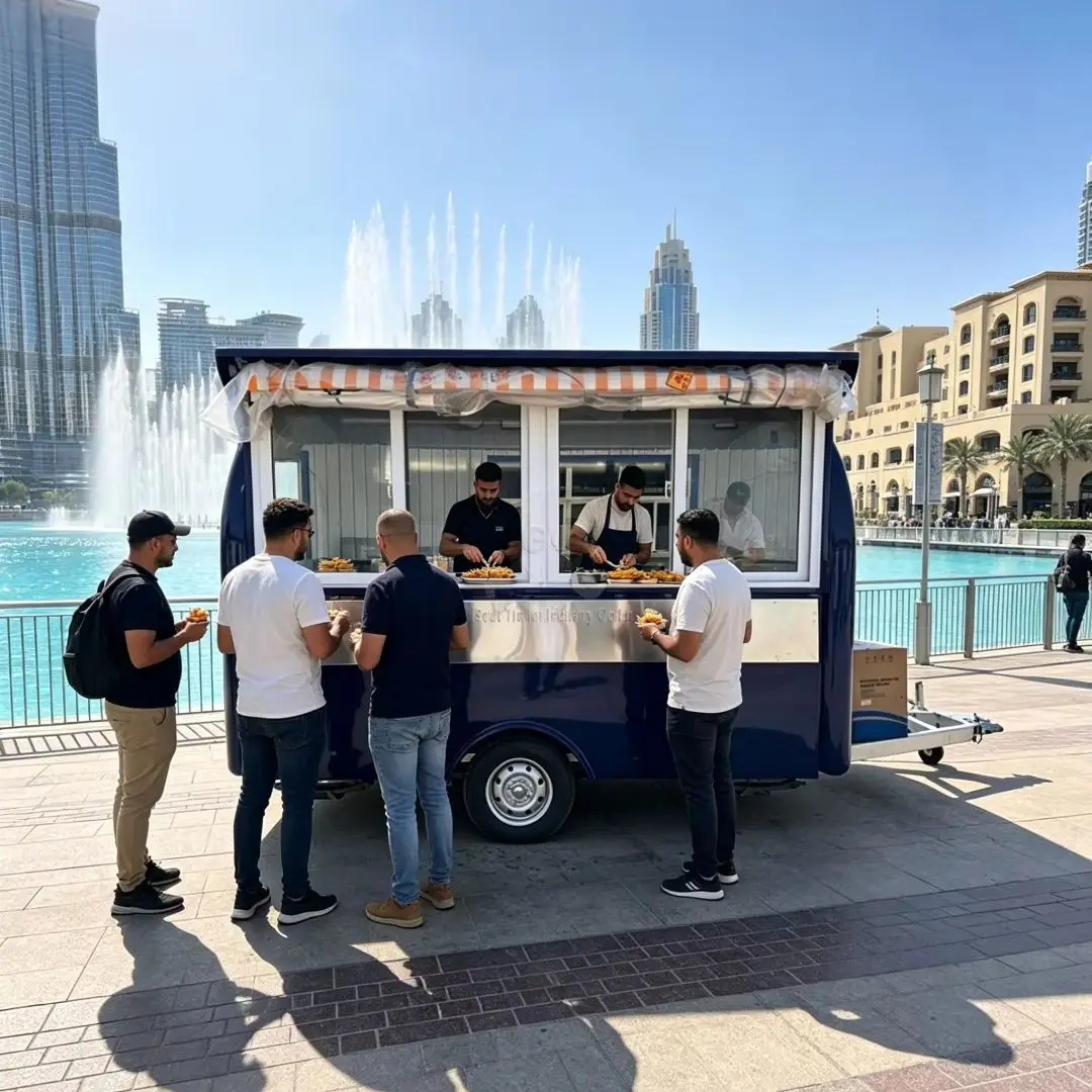 

Cute Navy Blue Mini Food Trailer Custom Logo Mobile Cart for Coffee Bubble Tea Dessert Street & Farmers Market