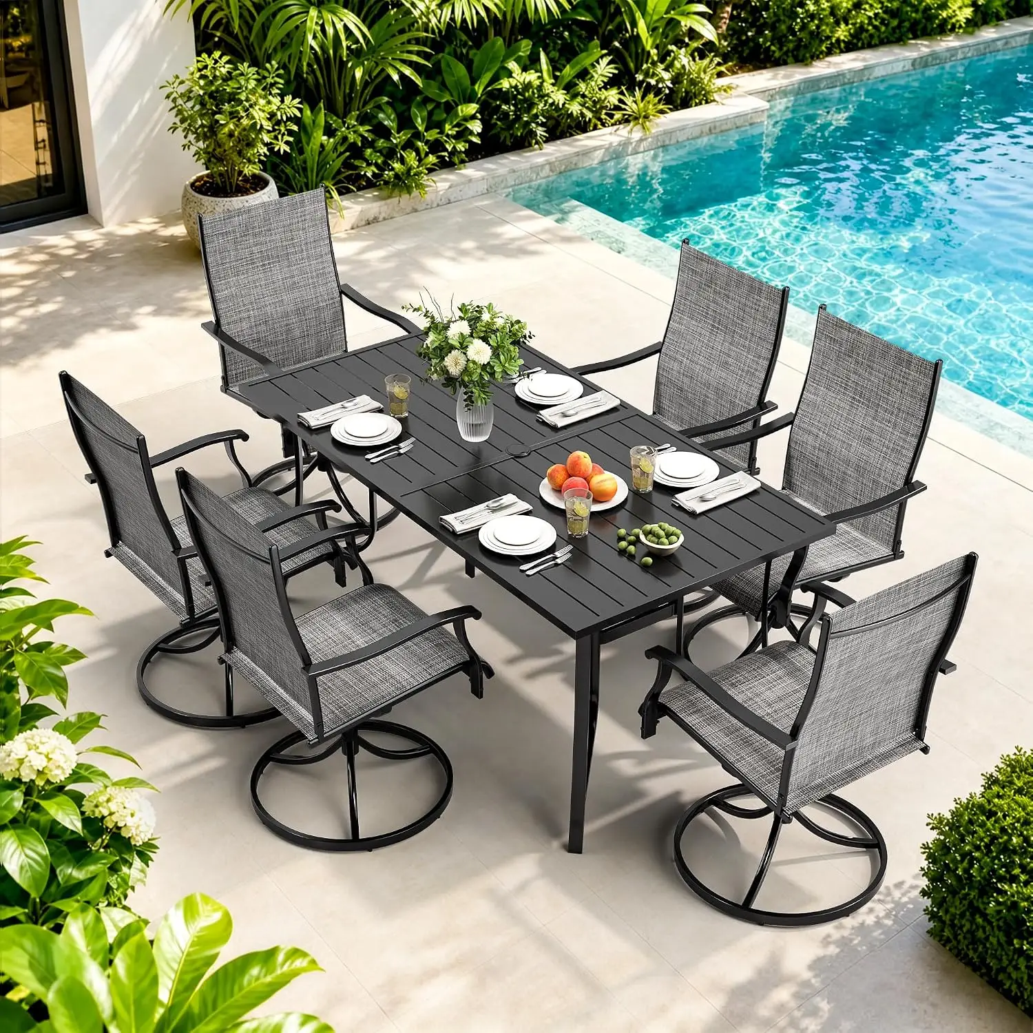 7 Piece Outdoor Dining Set, 6 Swivel Textilene Chairs & 63